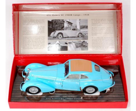 Minichamps 1/18th scale model of a Alfa Romeo 8C 2900B Lungo 1938, finished in light blue, in the original red ground all car