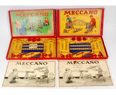 Meccano Set Group, 3 boxed examples, to include 2x No.0 Blue and Gold Sets, Dated 1937 and 1939, both re-strung on backing ca