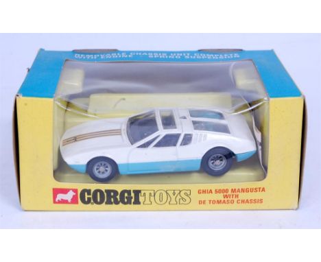 Corgi Toys, 271 Ghia 5000 Mangusta De Tomaso, white and light blue body with detachable chassis, in the original blue and yel