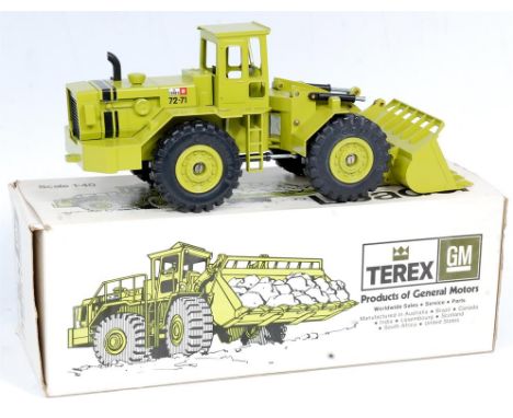 Gescha 1/40th scale No.410 model of a Terex 72-71 Loader, finished in green with black rubber tyres, repair required to hydra