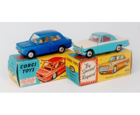 Corgi Toys, 231 Triumph Herald Coupe, blue and white body with red interior, shaped spun hubs, in the original blue and yello