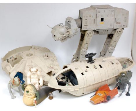 Collection of loose Kenner 1980s, and Modern release action figure and vehicle group, to include AT-AT Walker, Slave 1, Jabba