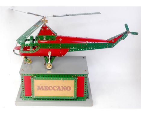 Meccano Factory Built shop display model of a Helicopter, circa 1957, mounted on wooden base finished in grey with Framco ele