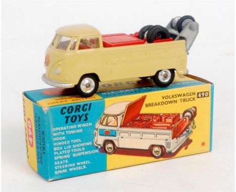 Corgi Toys, 490 Volkswagen breakdown truck, light olive green body with red interior and flatbed, spun hubs, in the original 