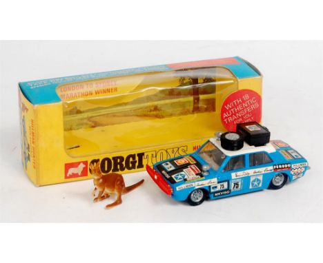 Corgi Toys, 302, Hillman Hunter Rally, blue body with white roof, matt black bonnet with luggage load to roof, with kangaroo 