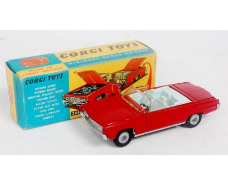 Corgi Toys, 246 Chrysler Imperial convertible, deep red body with light blue interior, missing driver figure and golf trolley