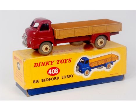 Dinky Toys, 408 Big Bedford lorry, maroon cab and chassis, light tan back with cream hubs, in original lidded all card box, (