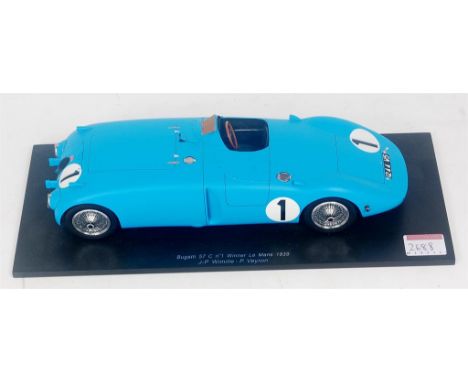 Spark Models 1/18th scale model of a Bugatti 57 C No.1 Winner Le Mans 1939, blue example with RN1, raised on display plinth, 