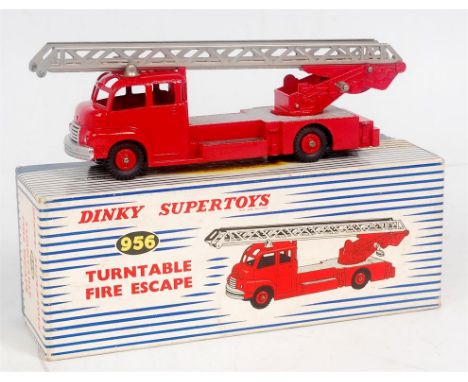 Dinky Toys, 956 turntable fire escape fire engine, red body with silver extending ladder, red hubs with plastic windows, in o