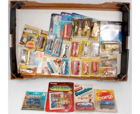 24 mixed Corgi Juniors, ERTL, Rainbow Toys, Matchbox and Peelers carded diecast and figure group, to include Corgi WH Smith L