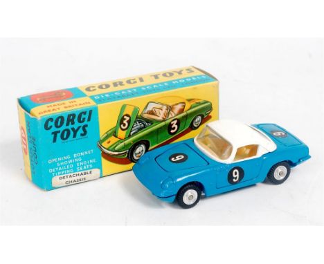 Corgi Toys No.319 Lotus Elan Coupe, blue, white hood, cream interior, chrome detachable chassis with spun hubs, in the origin