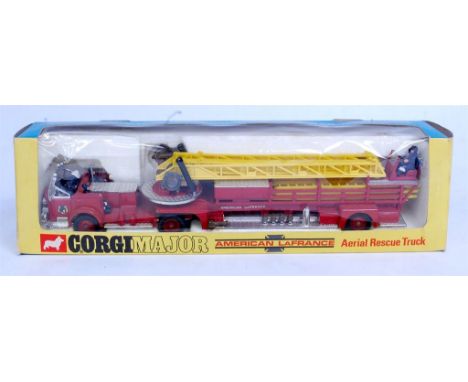 Corgi Toys, 1143 American la France aerial rescue truck, red and white body with yellow extendable ladder, detailed cast hubs