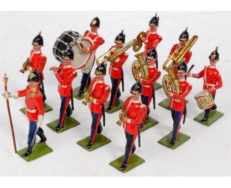 Britains Band of Line Figure Group, 12 loose marching examples, playing various instruments, some paint loss areas, otherwise