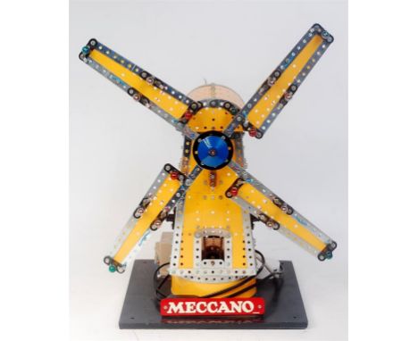 Meccano Factory built shop display model of a Windmill, 1970s examples, constructed from blue, yellow and zinc components, wi