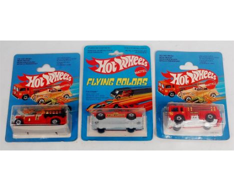Hot Wheels Mattel Emergency Services Group, 3 carded examples, to include Fire Chaser, Fire-Eater, and Old Number 5 (All NMM-