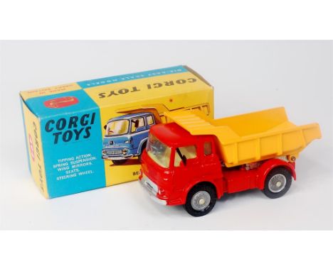 Corgi Toys, 494, Bedford Tipper Truck, red cab and chassis, yellow back, yellow interior, detailed cast hubs, in the original