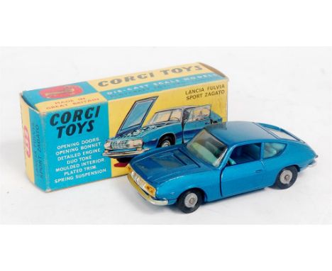 Corgi Toys, 332 Lancia Fulvia Zagato, metallic blue body with light blue interior, cast hubs with chrome front and rear bumpe