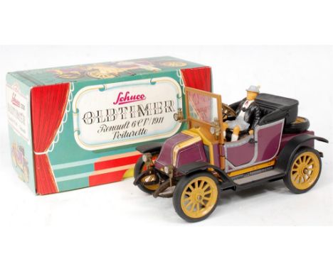 Schuco, No.1230 Old Timer Renault 6CV 1911, tinplate and clockwork, purple body with tin-printed detailing, yellow hubs, in t