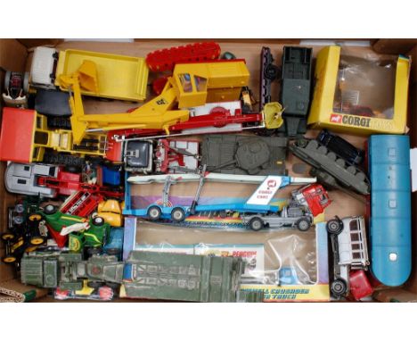 Tray of mixed loose playworn and boxed Corgi, Dinky, Matchbox and other diecast vehicles, to include Corgi Cars Transporter, 