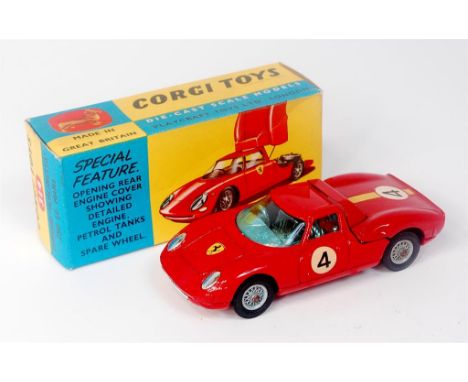 Corgi Toys, 314, Ferrari Berlinetta 250 Le Mans, red body with racing number 4, wire detailed wheels, in the original blue an