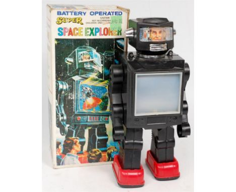 Hong Kong Toys (HK) plastic and battery operated "Super Space Explorer" Robot, black plastic body with red feet, and Televisi