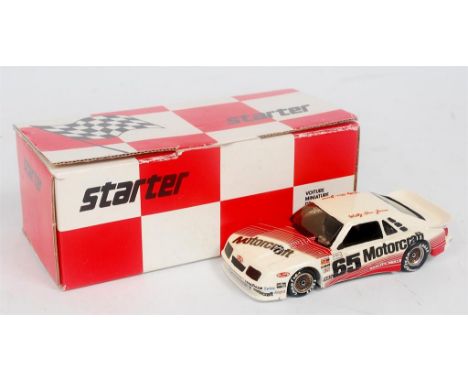 Starter Models of France 1/43rd scale resin kit built model of a Ford Mustang GTO, in red and white livery with RN65 and "Mot