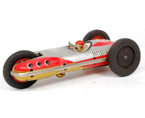 Modern Toys of Japan, tinplate and friction drive model of a 3 Wheel Racing Car, with wall bounce feature, comprising of silv