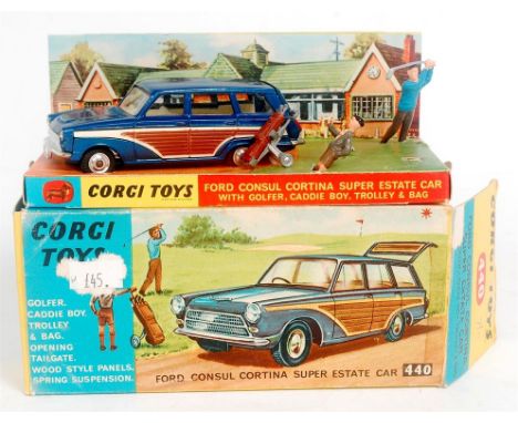 Corgi Toys, 440, Ford Consul Cortina Super Estate car, metallic dark blue with brown side panels, cream interior, with plasti