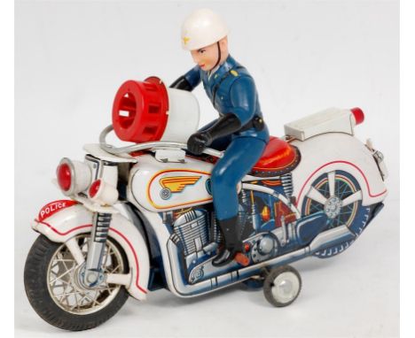 Modern Toys of Japan, tinplate and friction drive model of a Police Motorcyclist, with driver, detailed tin printed body, wit