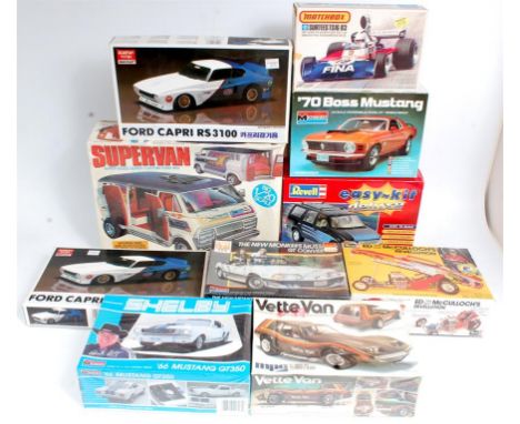 10 various mixed scale plastic kit by Revell, Monogram, Matchbox, Academy, and MPC, all appear as issued/un-made, examples to