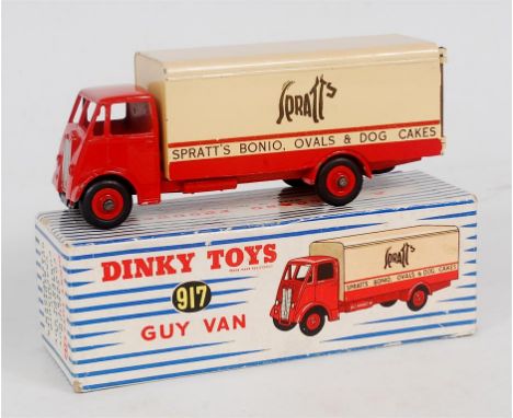 Dinky Toys, 917, 'Spratts' Guy van, red cab and chassis with red supertoys hubs, cream and red bands with 'Spratts' logo and 