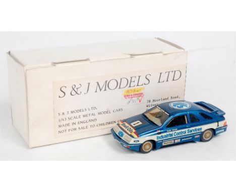 S and J Models, white metal 1/43rd scale model of a Ford Sierra XR-4TI, Metallic blue body with ICS Livery, "Andy Rouse", in 