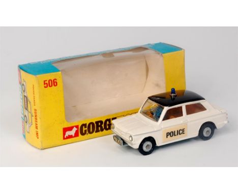 Corgi Toys, 506, Police Panda Imp, white body, black roof, with driver and Police luminous stickers to doors, blue roof light