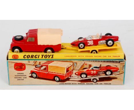 Corgi Toys, Gift Set 17, Ferrari racing set, comprising of 438 Land Rover in red with peach canopy, red No.154 Ferrari with R