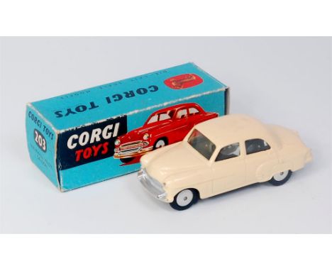 Corgi Toys, 203 Vauxhall Velox Saloon, cream body with flat spun hubs, in the original blue all card box, with leaflet (NM-VG