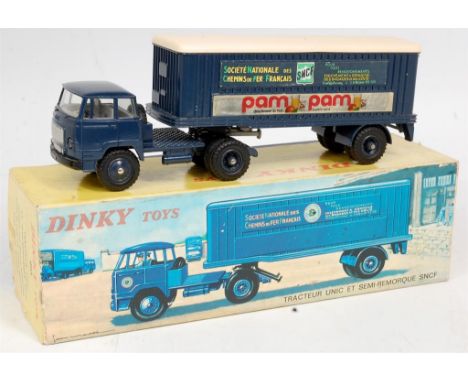 French Dinky No.803 Unic Articulated Lorry "SNCF", dark blue cab and trailer, plastic dark blue hubs, cream roof to trailer, 