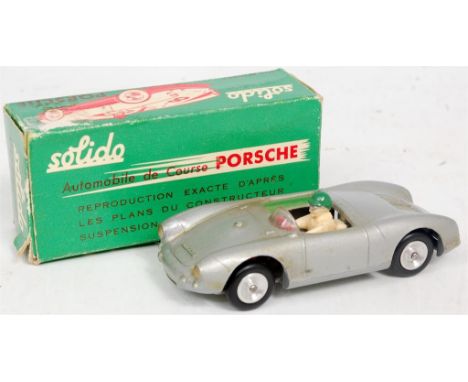 Solido Porsche 550/1500 RS Spyder, silver body, red plastic steering wheel with driver, spun hubs, in the original green, whi