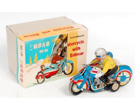 Chinese Tinplate and Clockwork model of a Motorcycle with Side car, in the original all card lift off lid box (VG-BG)