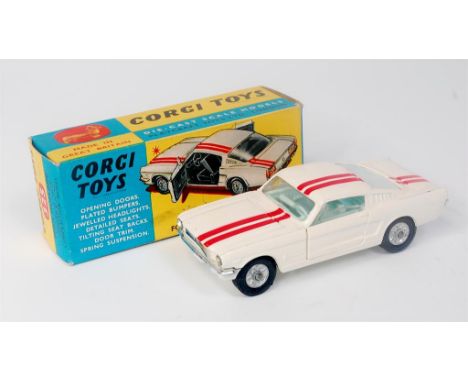 Corgi Toys, 325, Ford Mustang competition fastback, white body with double red stripe on bonnet, roof and boot, blue interior