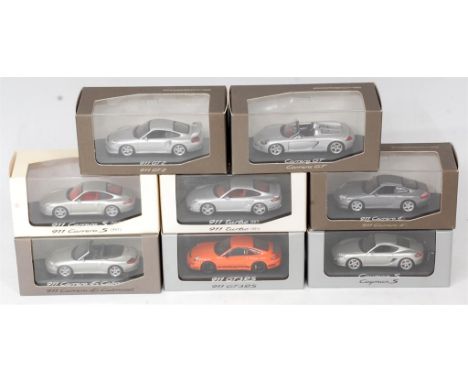 Minichamps 1/43rd scale Porsche Group, 8 boxed as issued examples, to include 911 GT3 RS, 911 Turbo (997), 911 Carrera 4S Cab