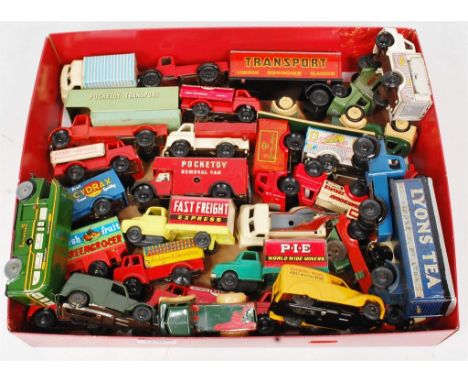 Collection of mixed tinplate and plastic vehicles by Brimtoy, Pocketoy, Triang Minic, and others, some repainted and re-condi