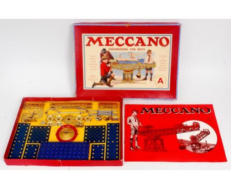 Meccano Set A, circa 1935, re-strung set, original and complete with manual, excellent parts, box has been repaired (VG-BG)