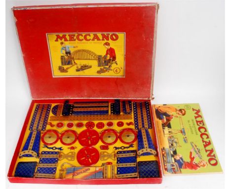 Meccano Blue and Gold Set No.4, circa 1937, re-strung on original backing card, with No.4 Outfit Manual, some parts repainted