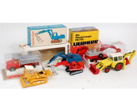 NZG, RK Modell and Majorette Construction Vehicle Diecast Group, 6 boxed examples to include NZG No.105 JCB 3C2, box torn (VG