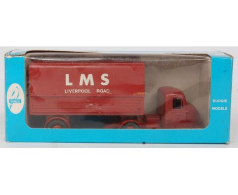 Budgie Toys, Scammell Scarab Van "LMS Liverpool Road", maroon body with white LMS livery, in the original blue window box (NM