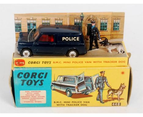 Corgi Toys, 448 BMC Mini police van with tracker dog, dark blue Mini Van, red interior, plastic policeman and dog on lead, sl