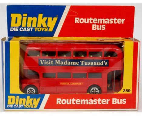 Dinky Toys No.289 London Routemaster Bus "Visit Madame Tussauds", red, body light blue upper interior, dark blue lower interi