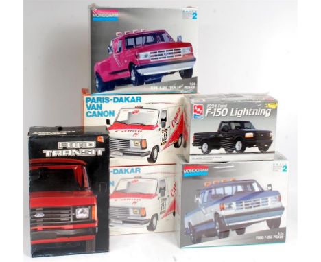 Monogram, ESCI, and AMT plastic kit group, 6 examples, 1 part built, to include Monogram 1/24 Ford F-250 Pick Up, Monogram 1/