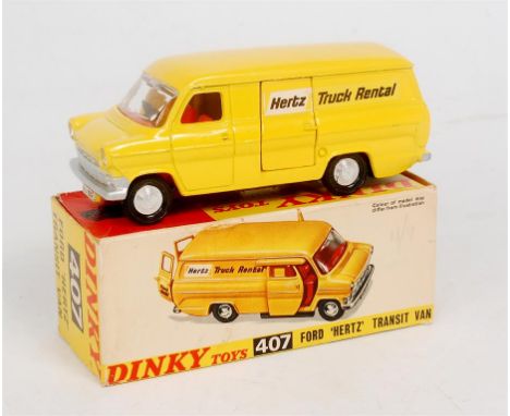 Dinky Toys, 407 Ford Hertz transit van, yellow body, red interior, black baseplate with Hertz stickers to sides, original all