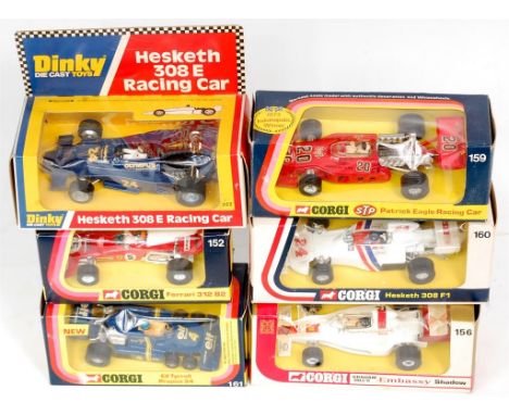 Dinky Toys and Corgi Toys Formula 1 Racing Car Boxed Group, 6 examples, to include Dinky 222 Hesketh 308 E (VG-BVG), Corgi No